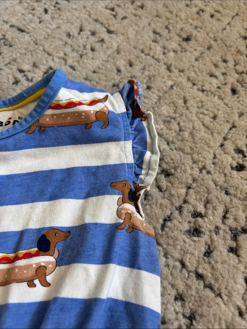 Mini Boden Girls Blue & White Striped Dress with Hot Dog Dachshund Print sz 4-5T